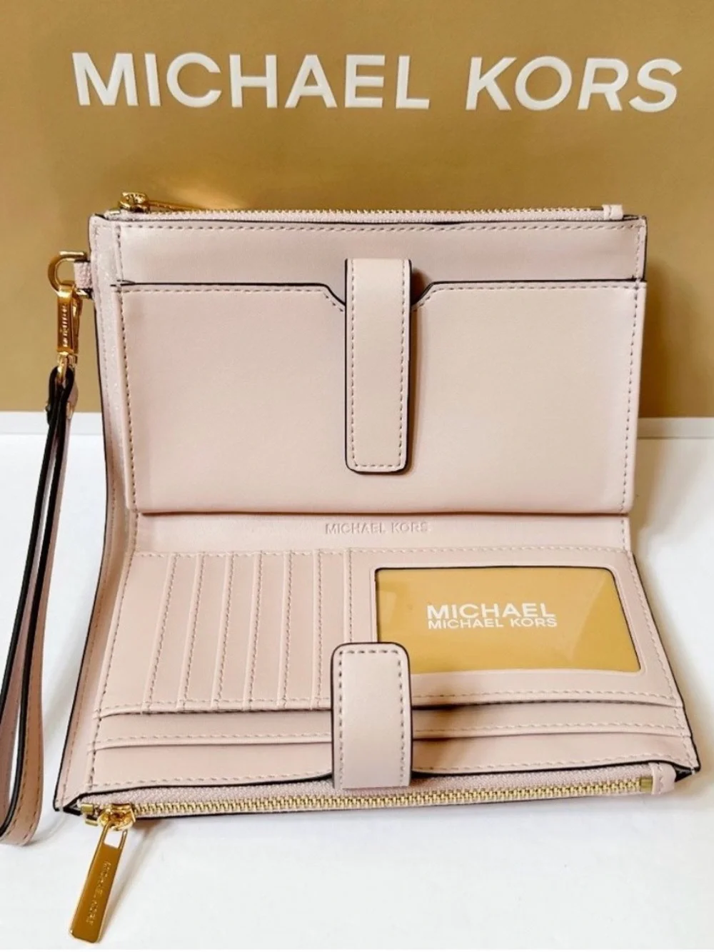 NWT Michael Kors Jet Set Double Zip Smartphone Blush Pink Logo Zip Wristlet